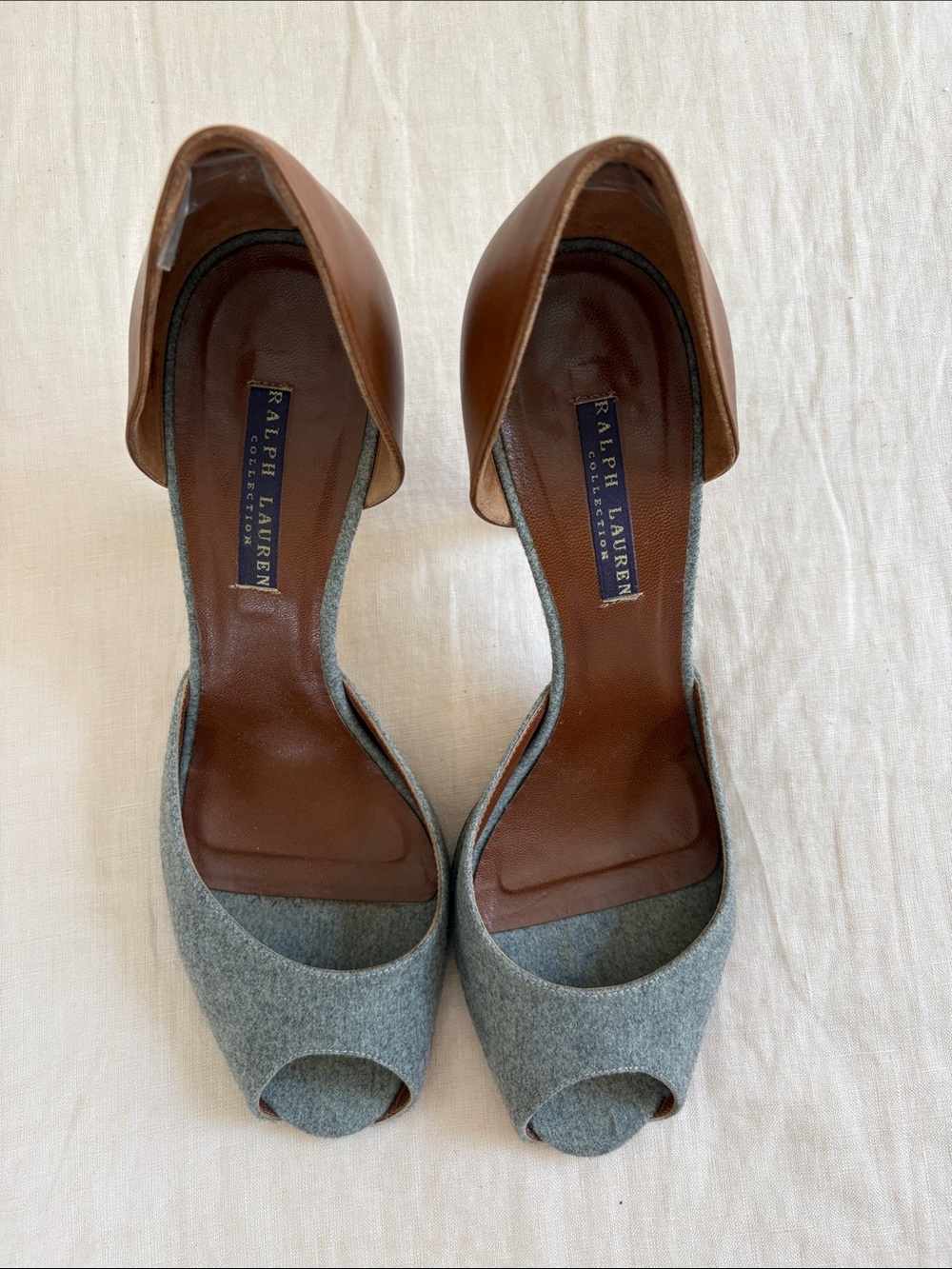 Ralph Lauren Collection Grey Wool Flannel & Brown VachettaLeather Peep-Toe Heels
